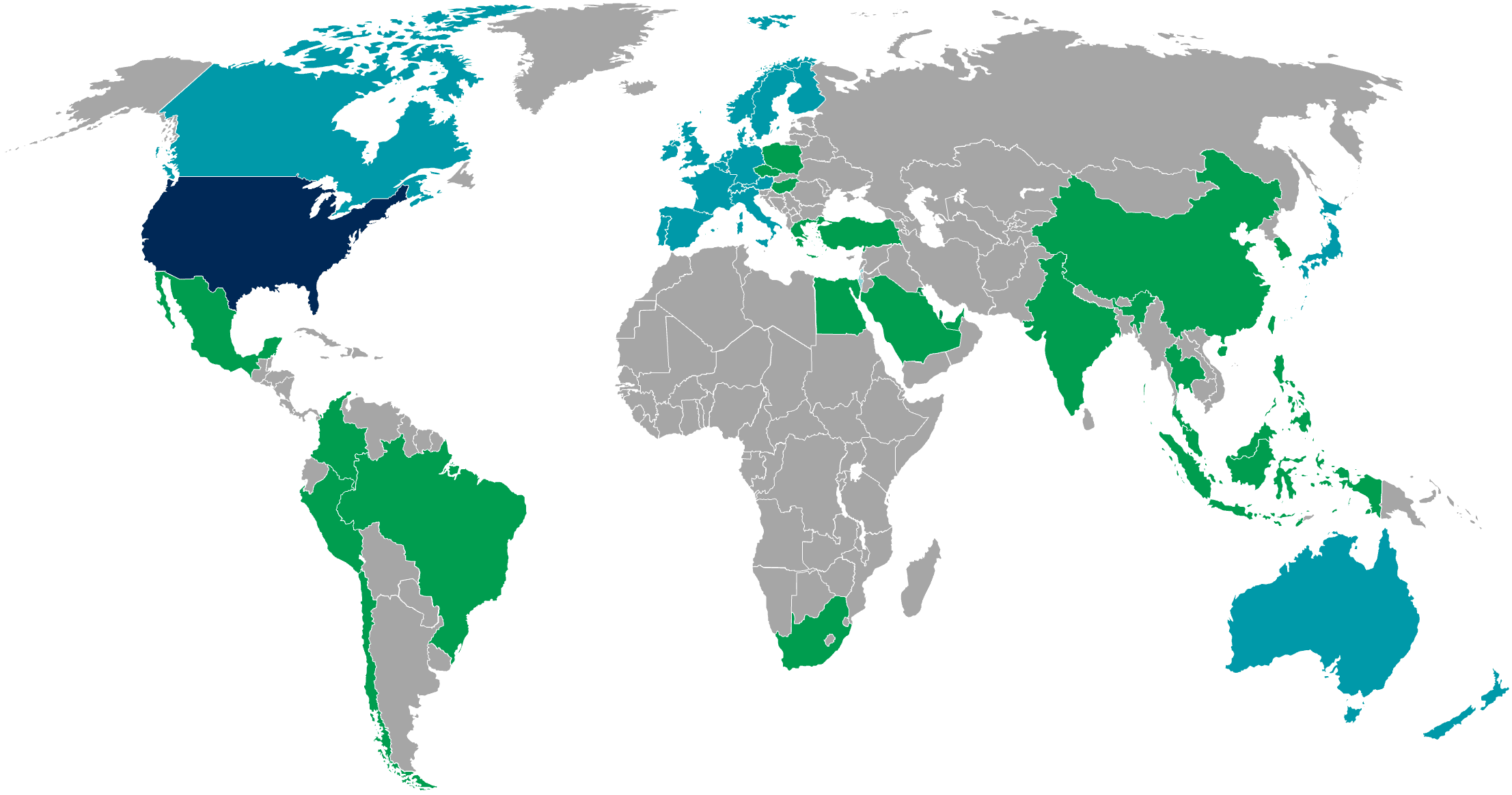 World map highlighting the U.S., developed non-U.S. markets and emerging markets in 3 different colors. The colors correspond to the tables above the map.