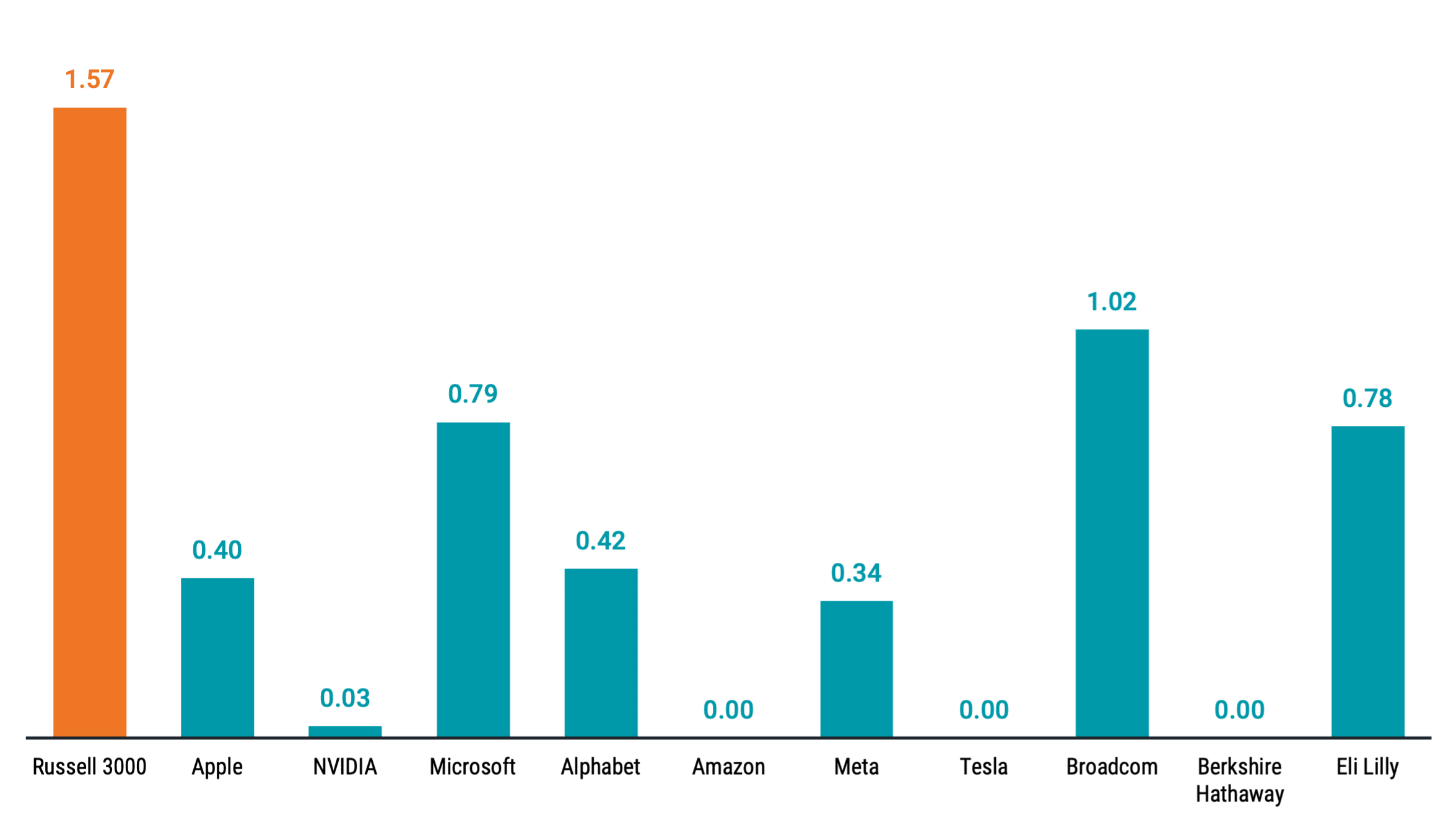 Dividend yield of the top 10 largest US companies as of Dec 31, 2024. Highlights include non-payers like Amazon and Tesla, and first-time payers Alphabet and Meta, with yields below the Russell 3000 Index average.