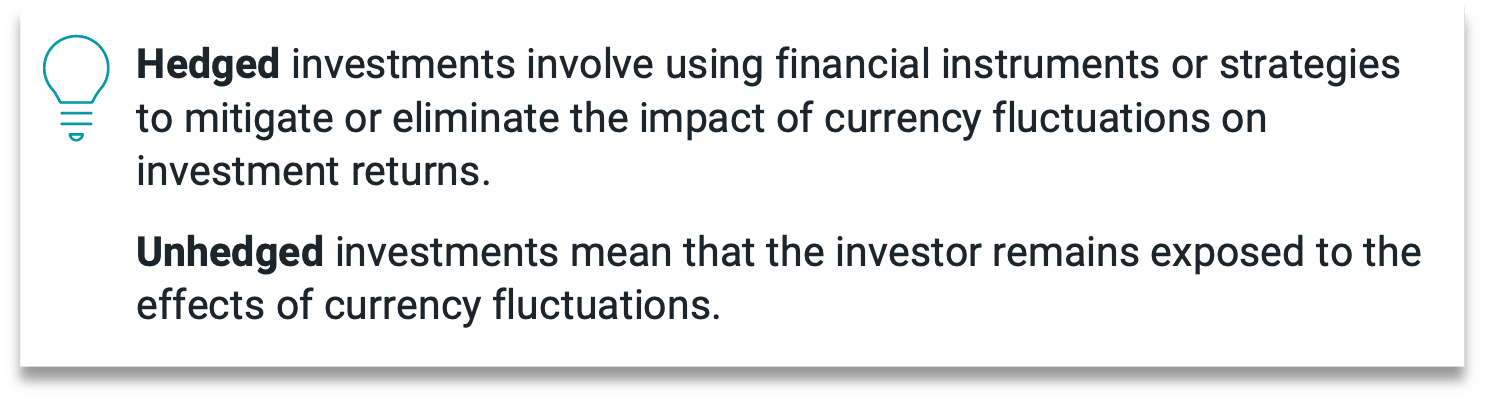 Hedged investments involve using financial instruments or strategies to mitigate the impact of currency fluctuations on investment returns. Unhedged investments mean the investor remains exposed to the impact of currency fluctuations.