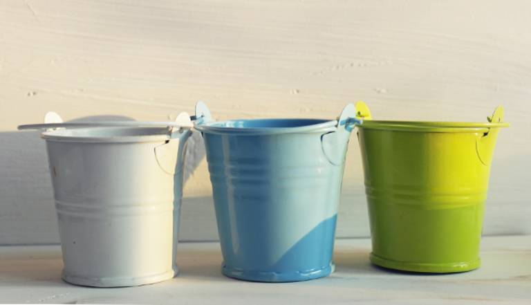 Three buckets in different, yet complimentary colors.