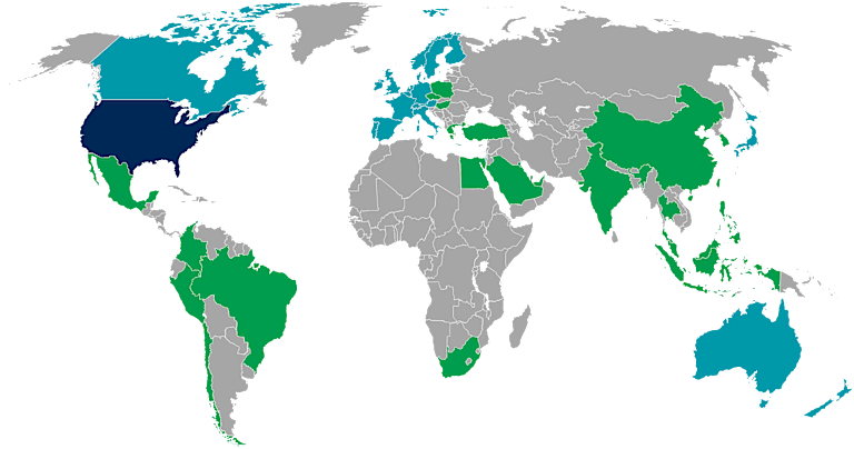 World map highlighting the U.S., developed non-U.S. markets and emerging markets in 3 different colors. The colors correspond to the tables above the map.